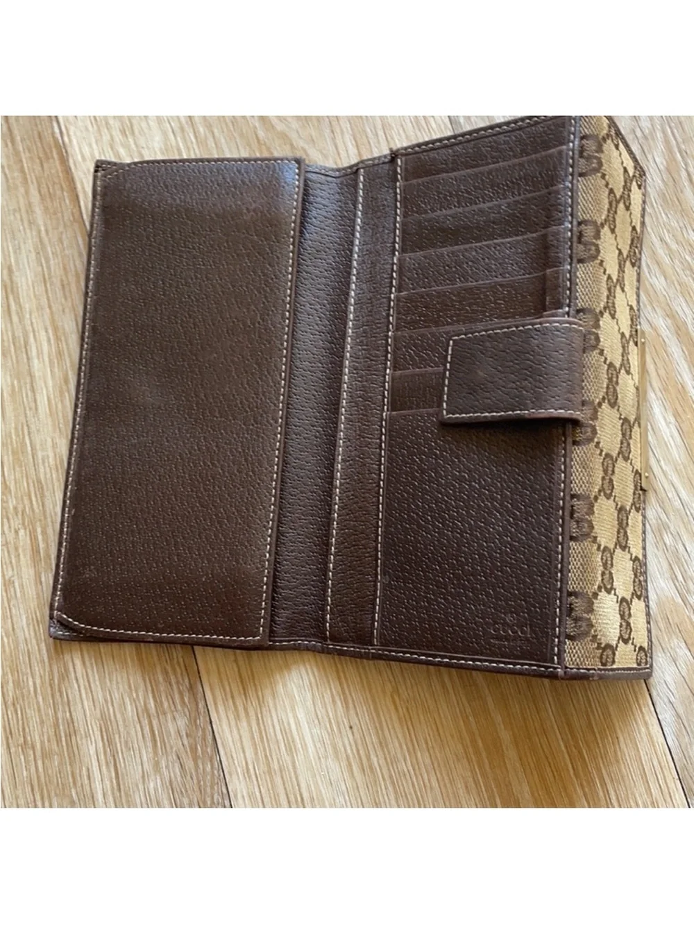 Gucci Brown/Beige GG Canvas Fold Wallet with Gold Plate